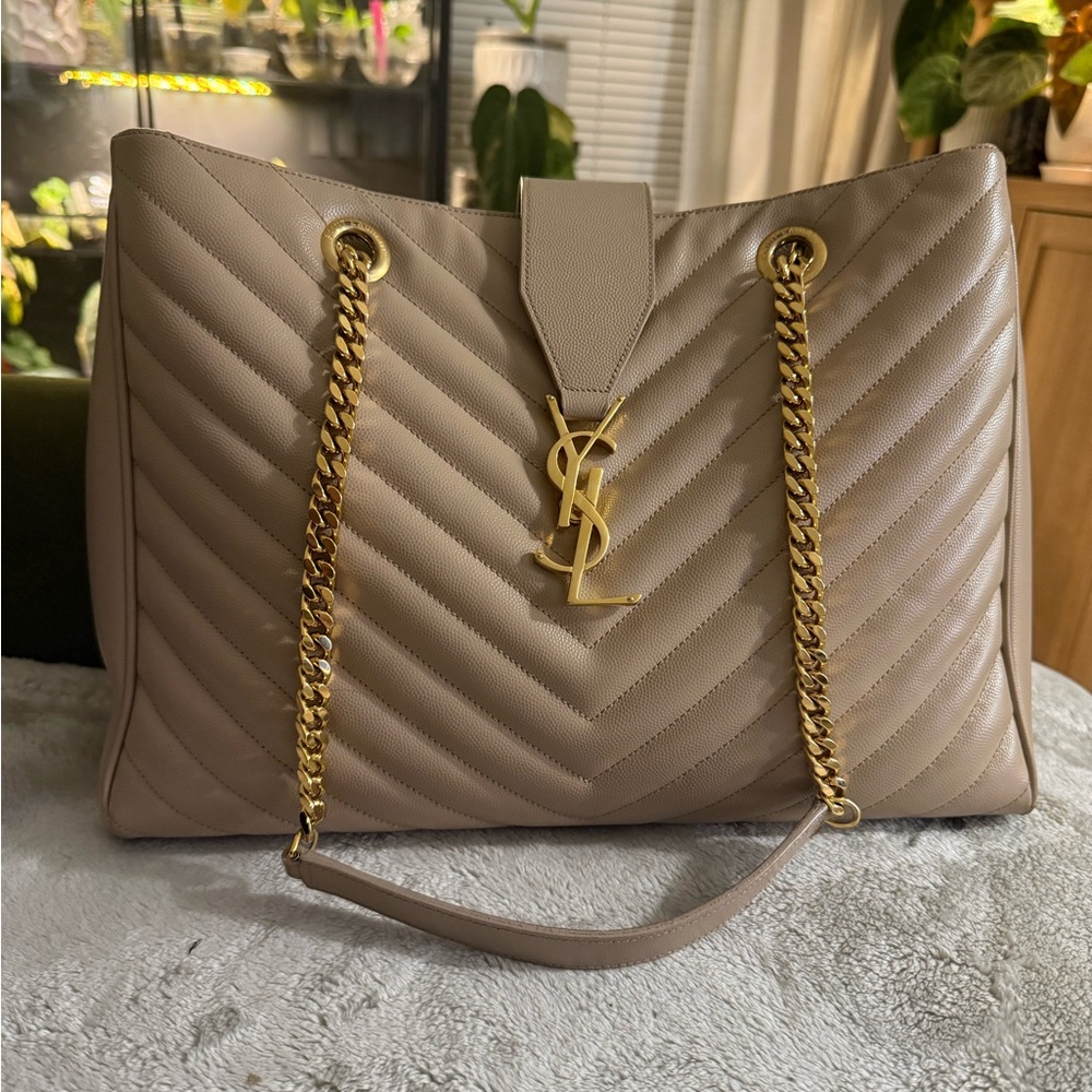 Saint Laurent Taupe Quilted Leather Tote with Gold Hardware
